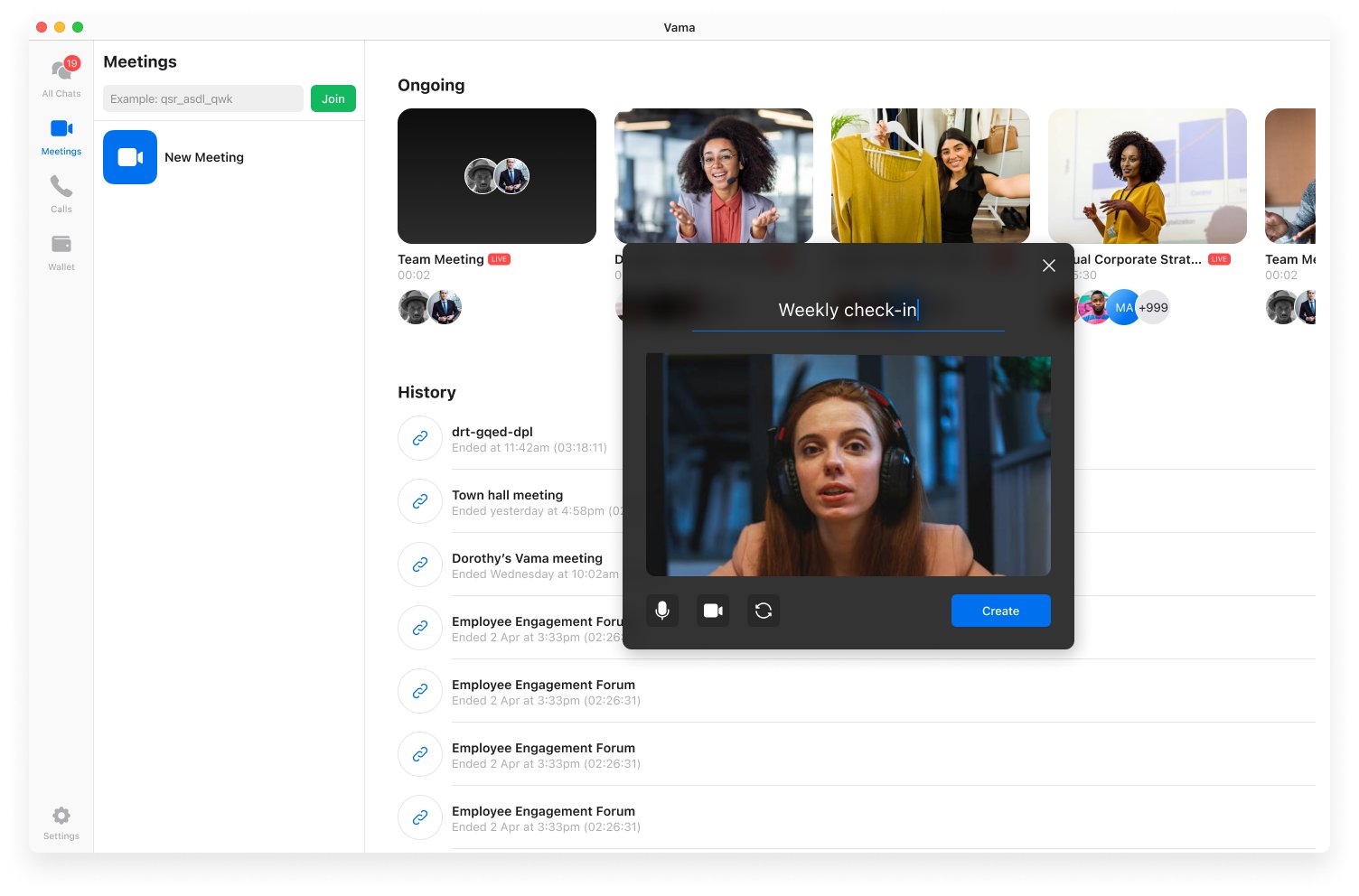 New Meeting popup with a live camera preview