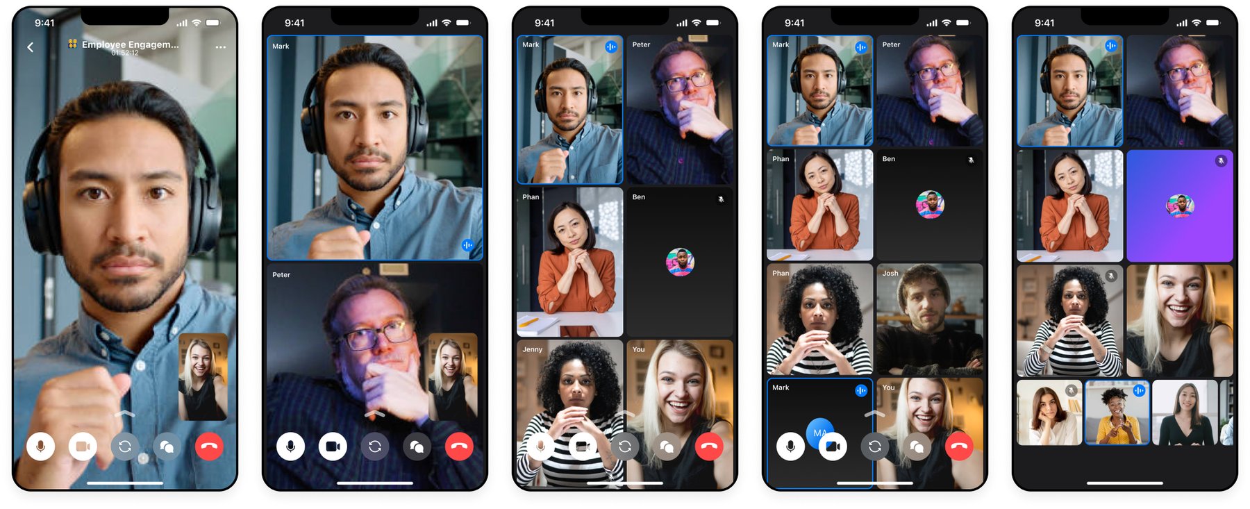 Five in-meeting screens in dark mode, from a one-to-one call to a grid of many participants