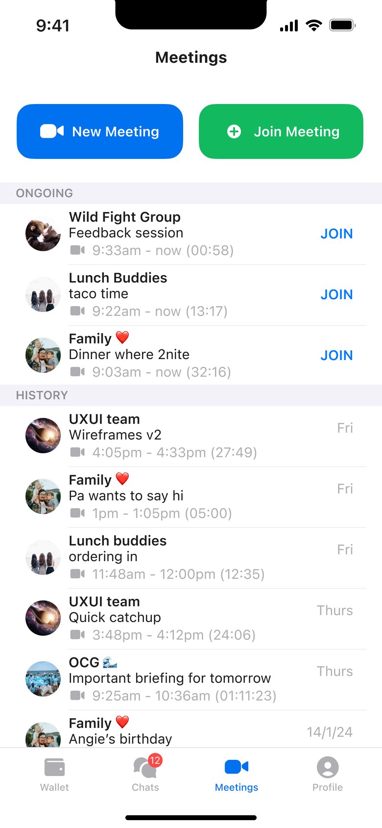 Initial Meetings page with ongoing group chat rooms and a history list
