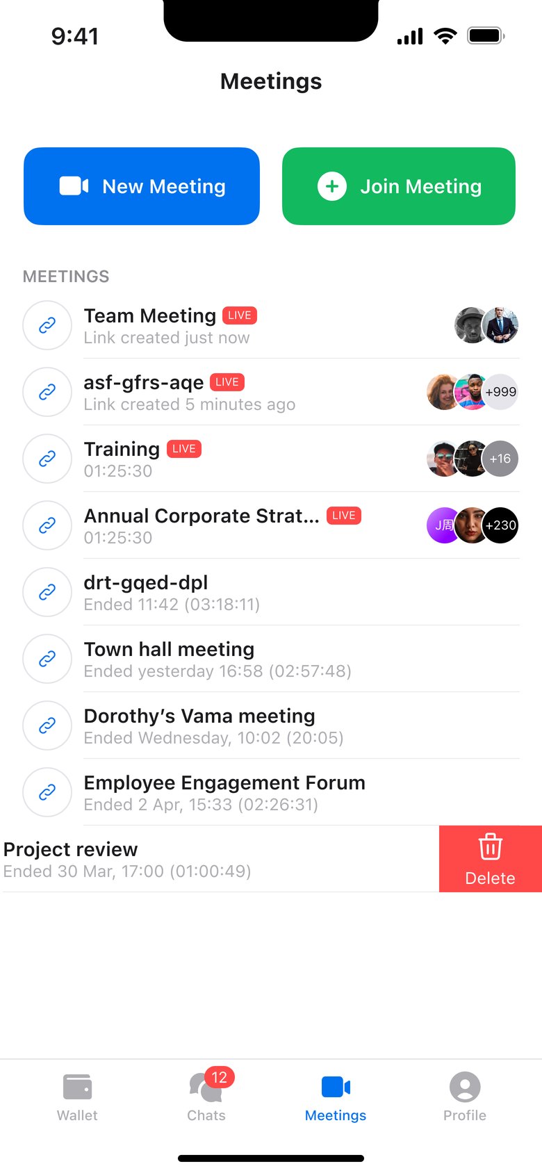 Revised Meetings page with titled meetings, live indicators and participant avatars
