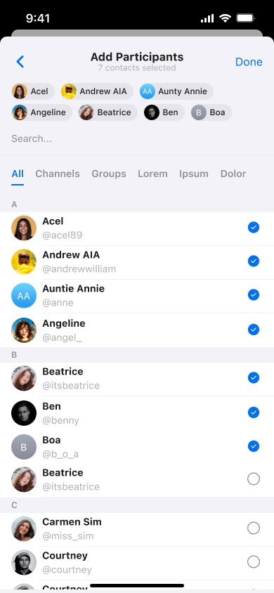 Selected participants shown as chips at the top of the Add Participants page