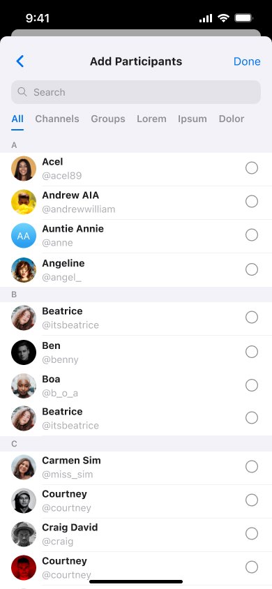 Add Participants page with search and tabs for All, Channels and Groups