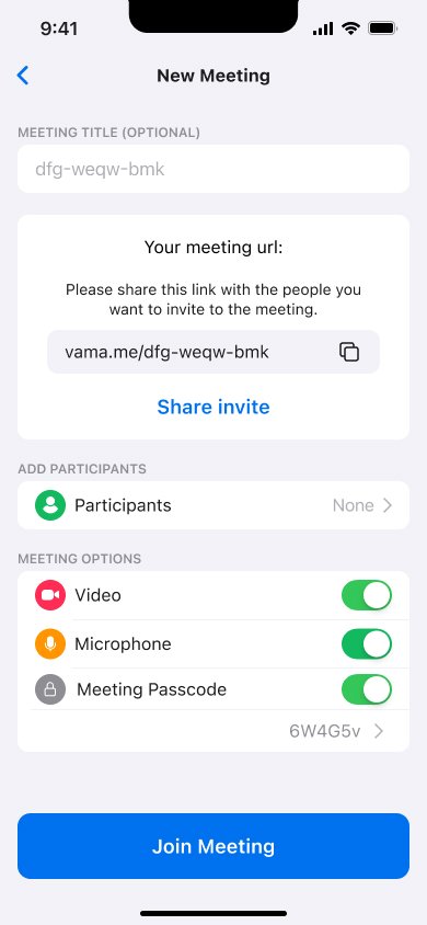 New Meeting screen with title, meeting URL, participants, and video, microphone and passcode toggles