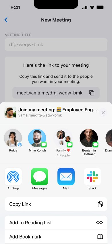 iOS share sheet opened from Share Invite, with the meeting link ready to send