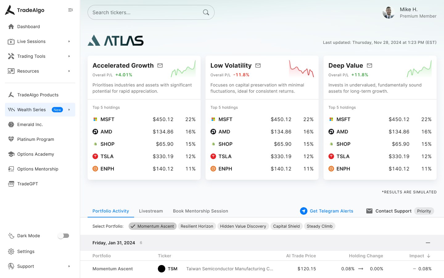 Atlas tier dashboard with three AI-recommended strategy cards above portfolio activity