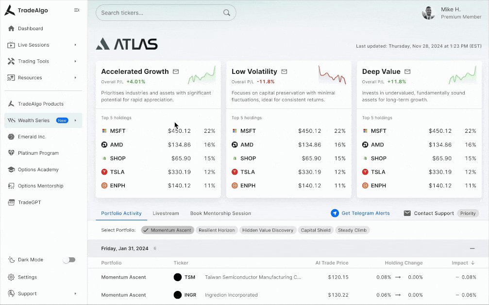 Prototype walkthrough: browsing the Atlas strategies and opening a portfolio's details