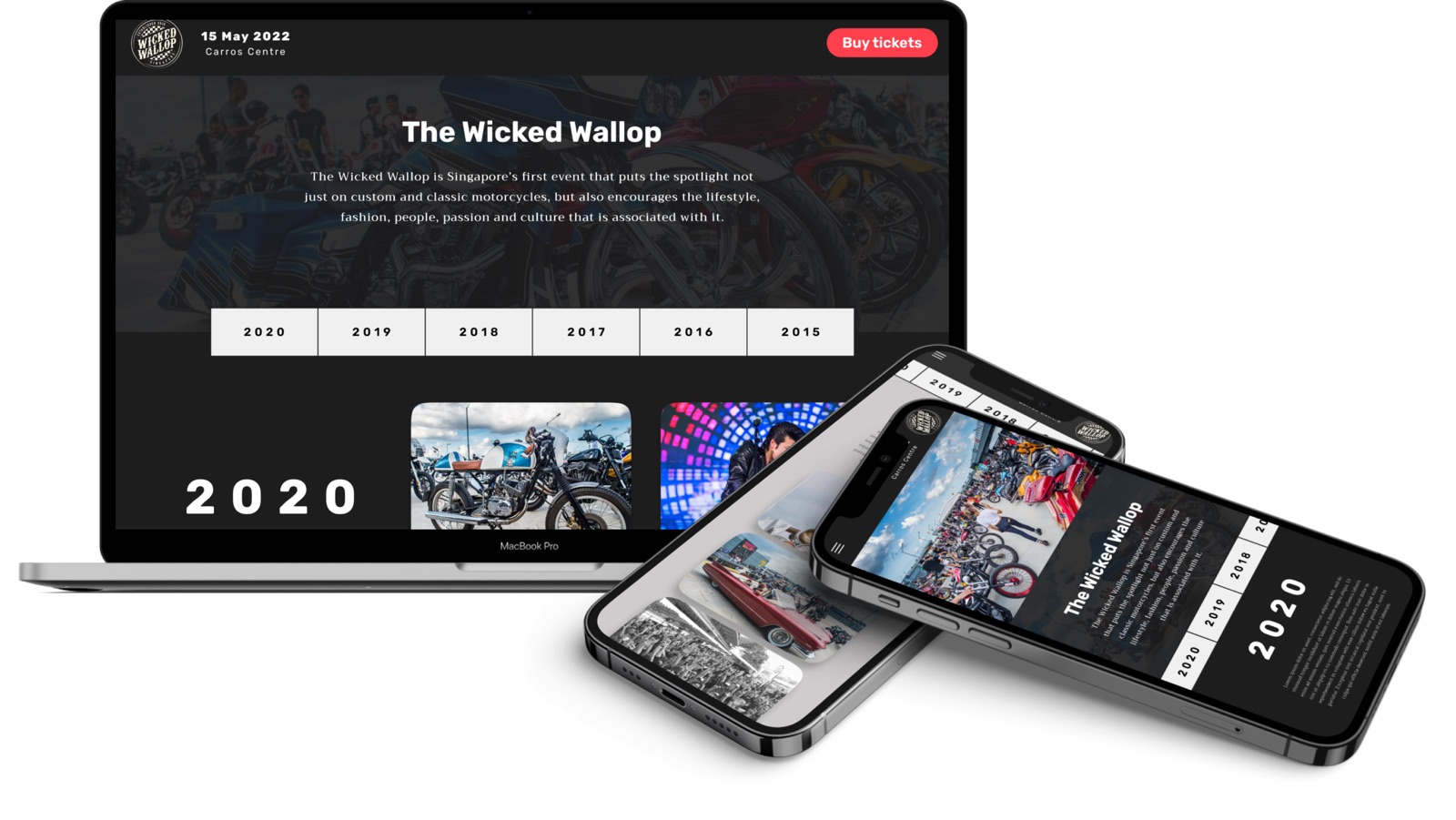 The Wicked Wallop landing page shown on a laptop and two phones