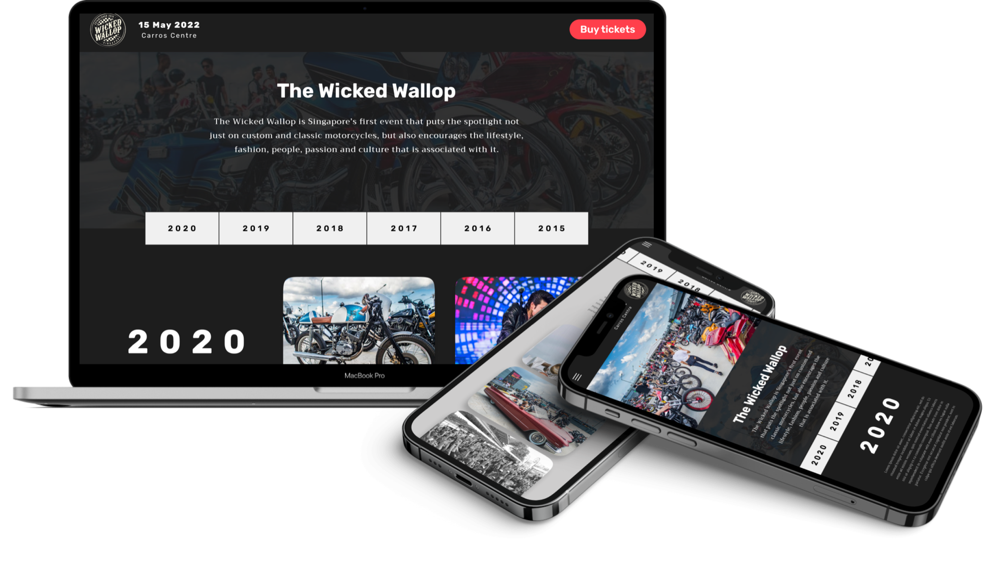 The Wicked Wallop landing page shown on a laptop and two phones