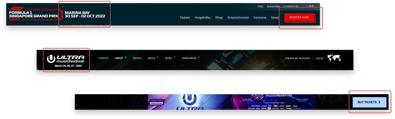 Headers from the Singapore GP and Ultra sites, with event dates and ticket CTAs circled