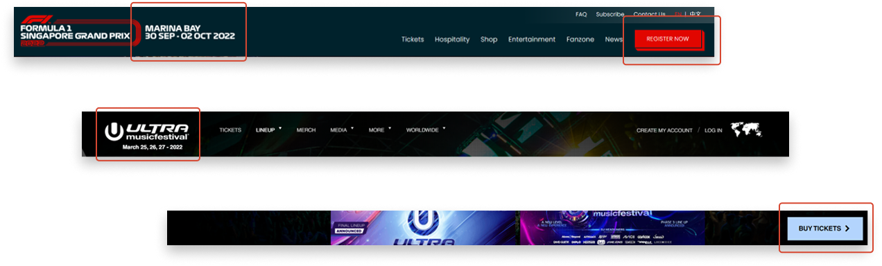 Headers from the Singapore GP and Ultra sites, with event dates and ticket CTAs circled