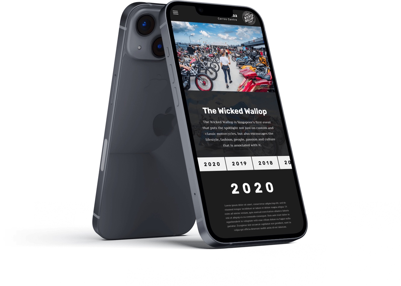 Phone showing the mobile hero, About section and year navigation