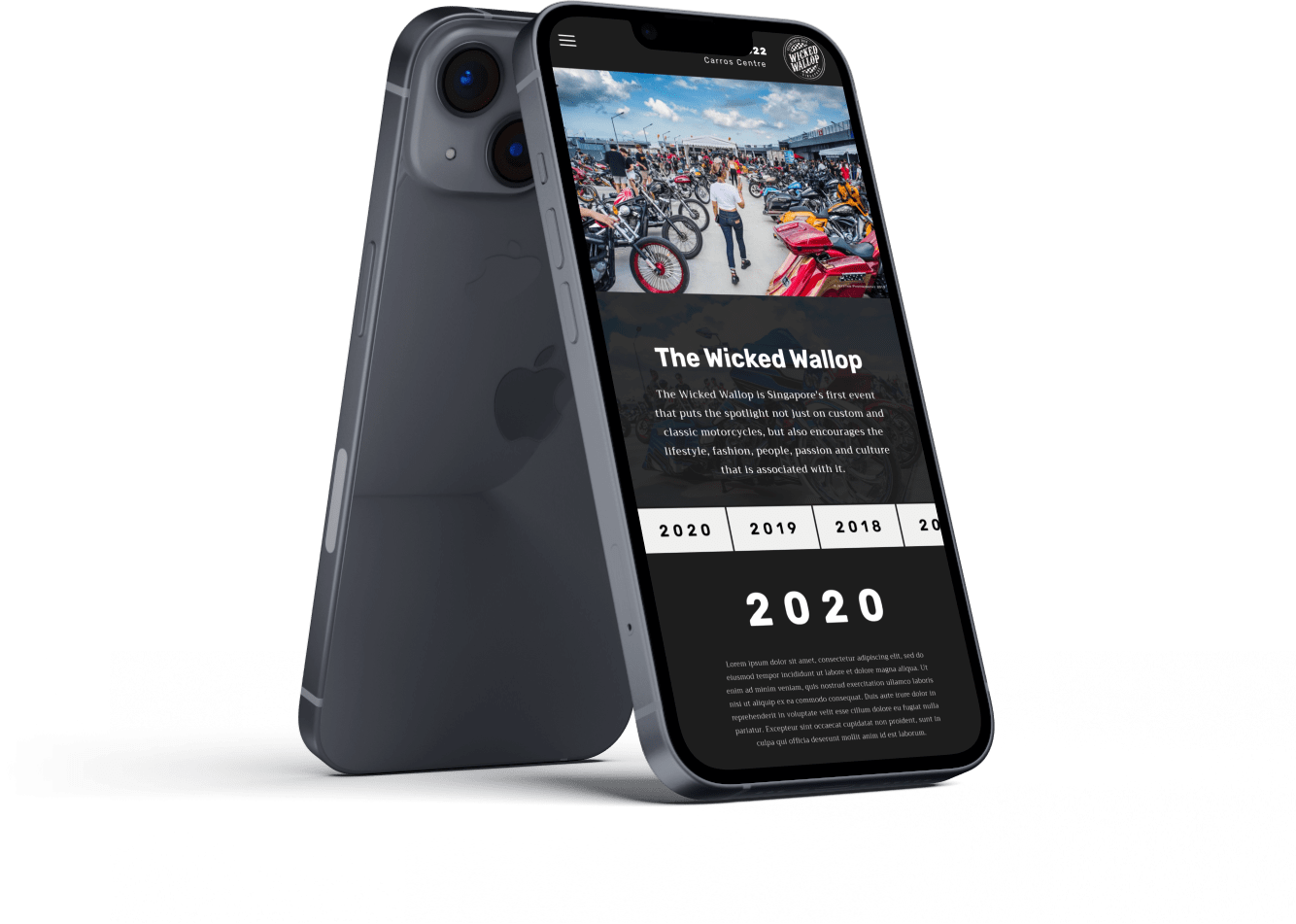 Phone showing the mobile hero, About section and year navigation