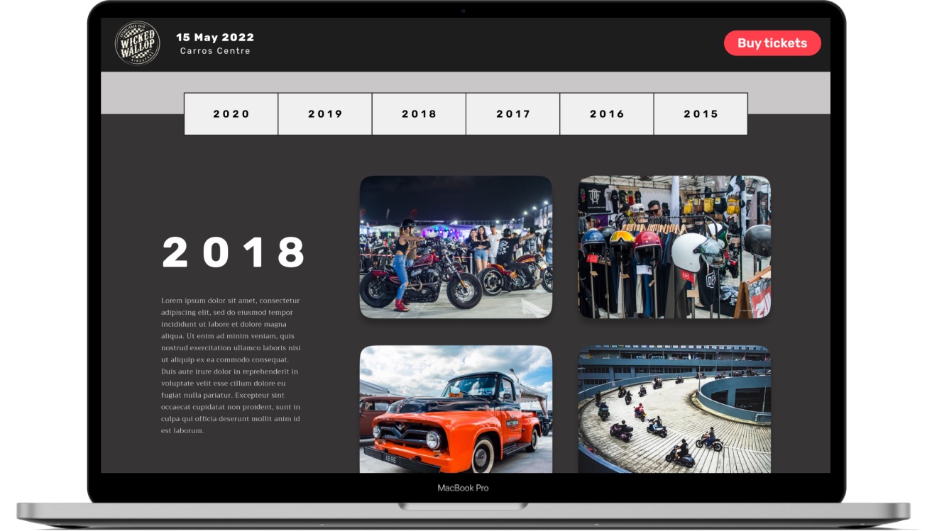 High-fidelity 2018 timeline entry with a large year marker and photo grid