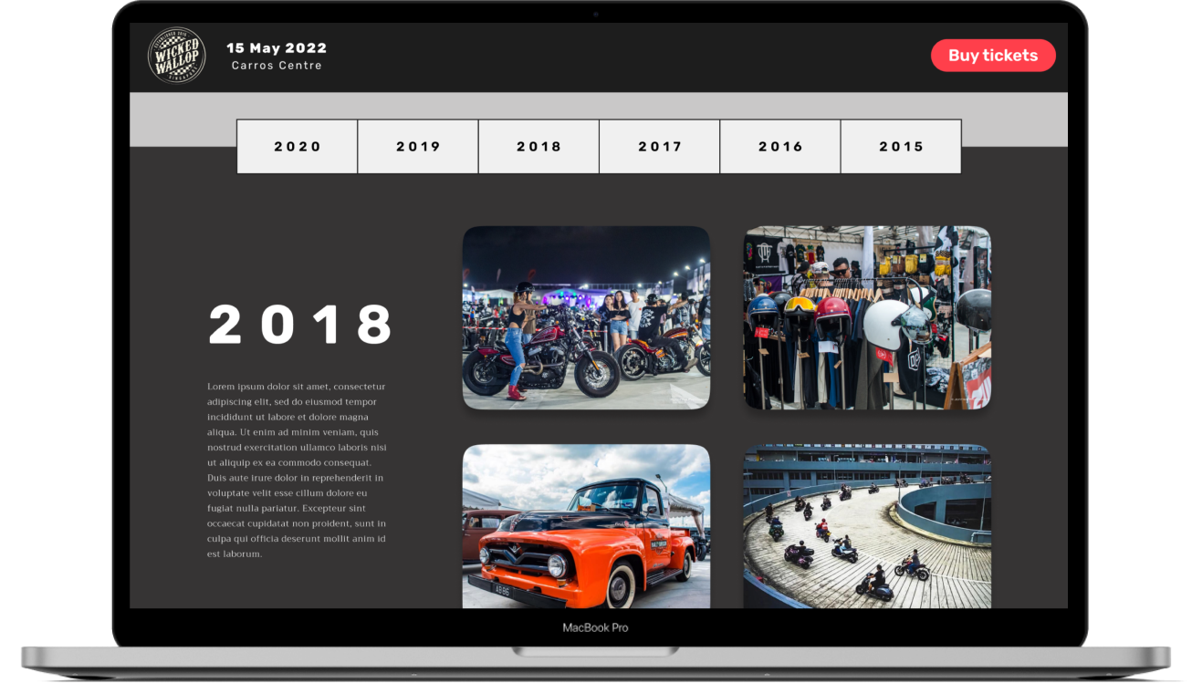 High-fidelity 2018 timeline entry with a large year marker and photo grid