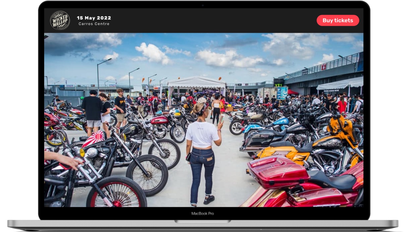 High-fidelity hero with a crowd of custom motorcycles, event date and red Buy tickets button
