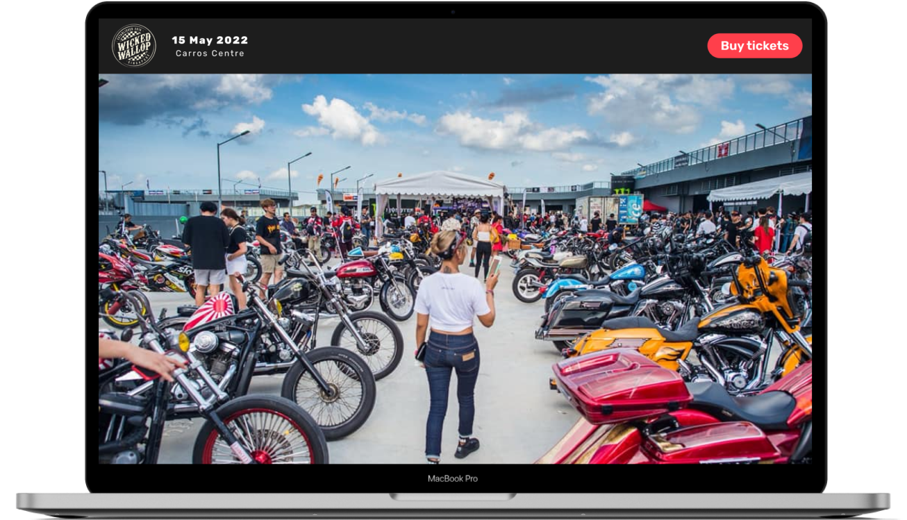 High-fidelity hero with a crowd of custom motorcycles, event date and red Buy tickets button