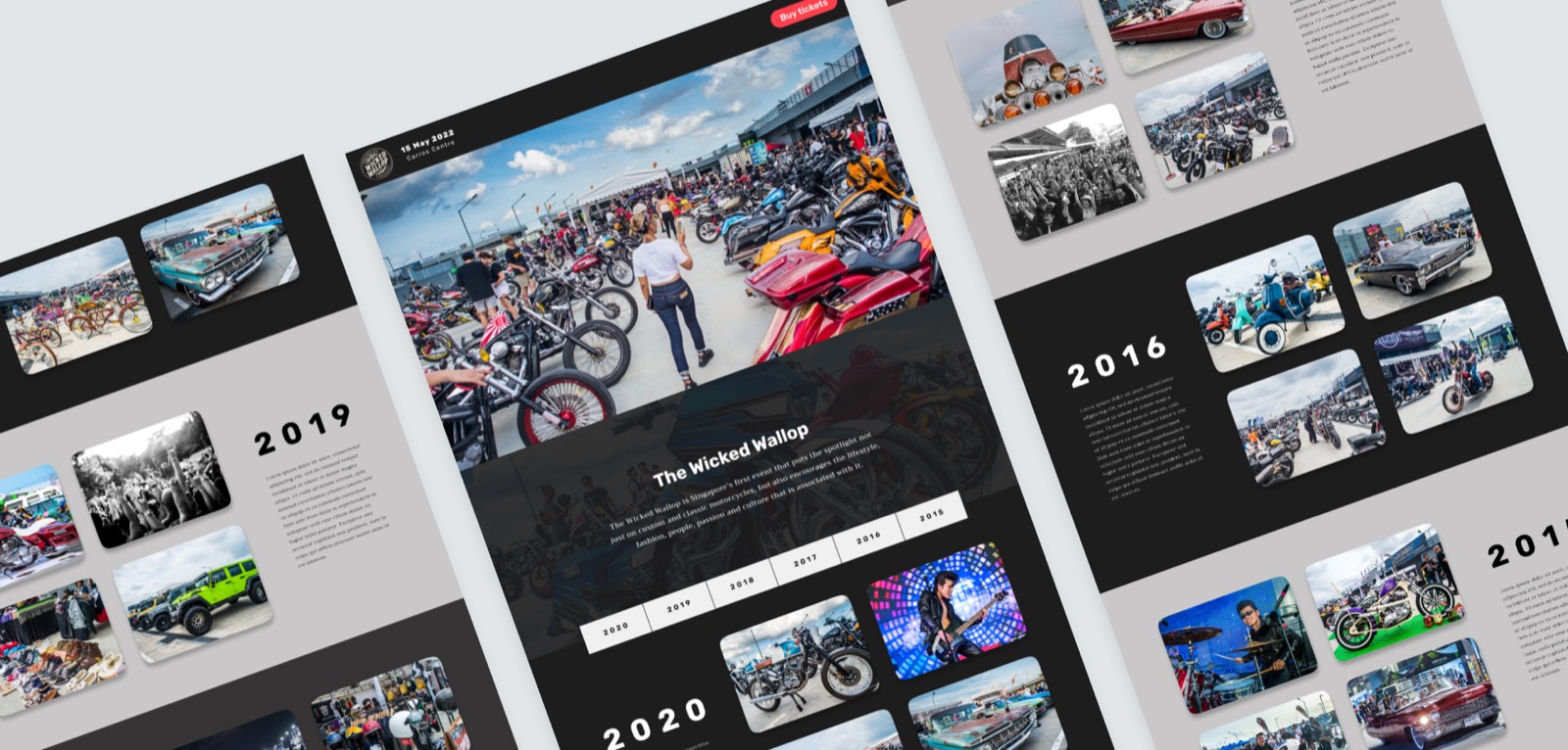 Desktop page designs laid out side by side, showing the hero and yearly timeline sections