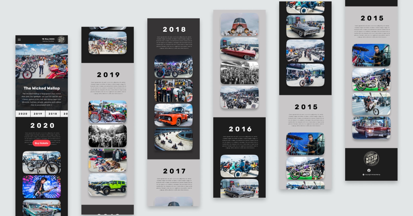 Mobile page designs laid out side by side, one column per year from 2020 to 2015