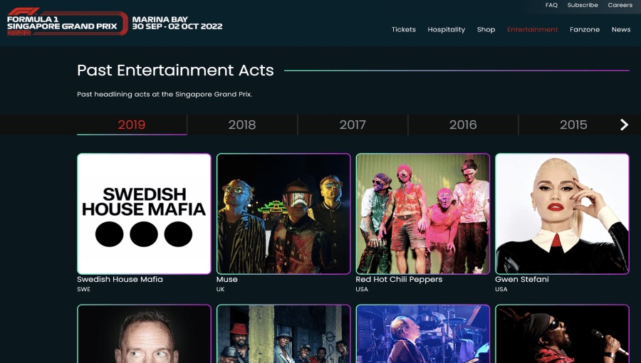 Singapore GP past entertainment acts, with a horizontal year selector