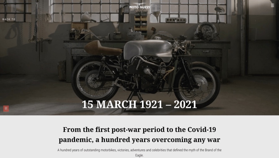 Moto Guzzi centenary page with a video hero header