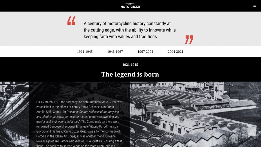 Moto Guzzi timeline with a brand quote and anchor links to time periods
