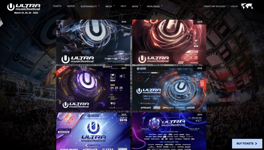 Ultra Music Festival past events as a list of posters labelled by year