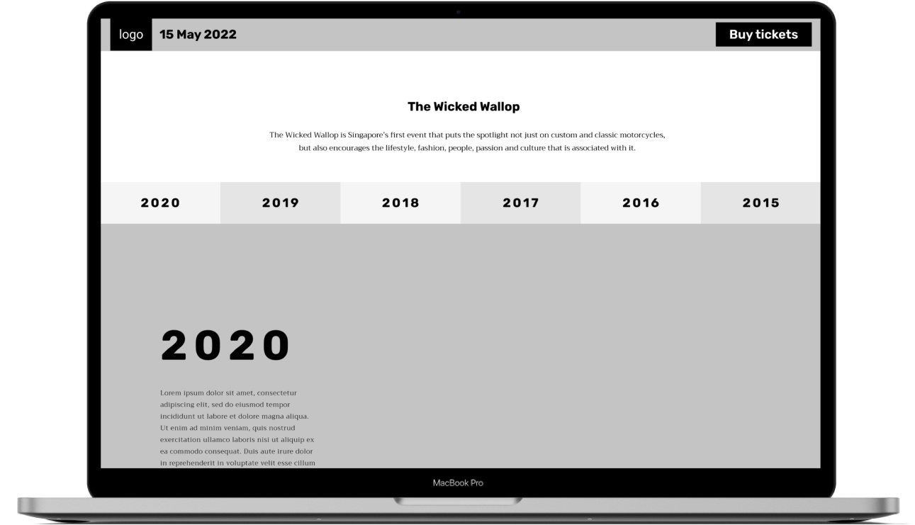 Wireframe of the About section and year navigation leading into the 2020 timeline entry