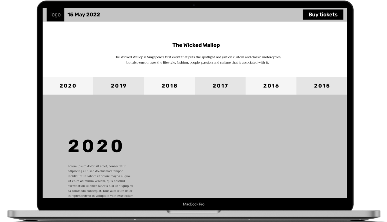 Wireframe of the About section and year navigation leading into the 2020 timeline entry